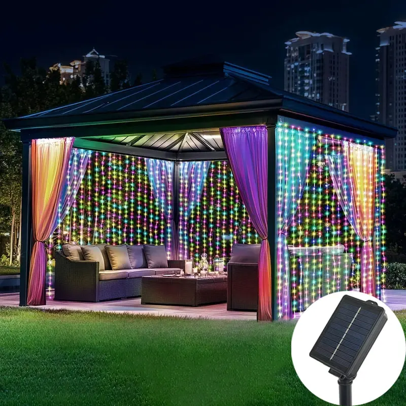 

Solar Curtain String Lights - 8 Lighting Modes for Outdoor, Weddings, Parties & Gardens - Valentine's Day, Easter Decor