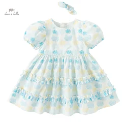 Dave Bella Children's Princess Dress for Girls 2024 New Summer Puff Sleeves Fashion Casual Pure Cotton Cute Sweet DB2240241