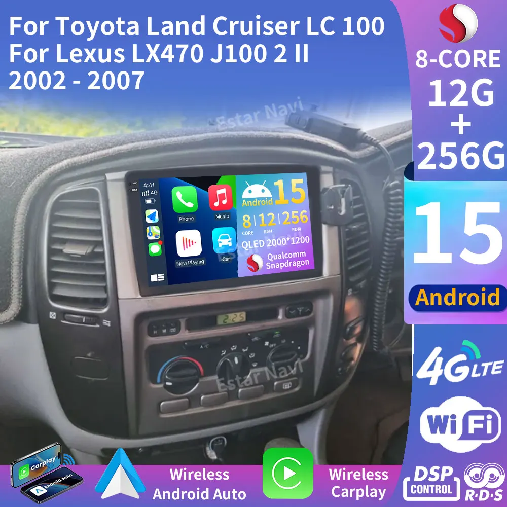 Беспроводной Carplay Android 15 для Toyota Land Cruiser LC 100 для Lexus LX470 J100 2 II 2002-2007, плеер, стерео видео 4G LTE WIFI