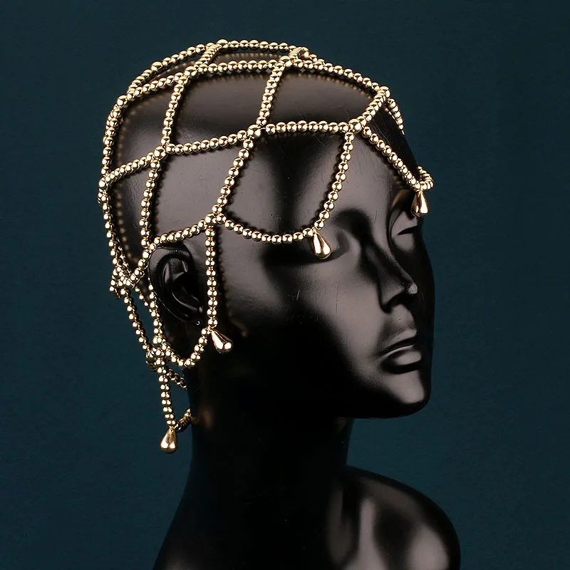 Neuer Stil Brautmode Persönlichkeit Mehrschichtige Mesh-Wassertropfen-Stirnkette Europäisches und Amerikanisches Performance-Haarnetz – Detail 6