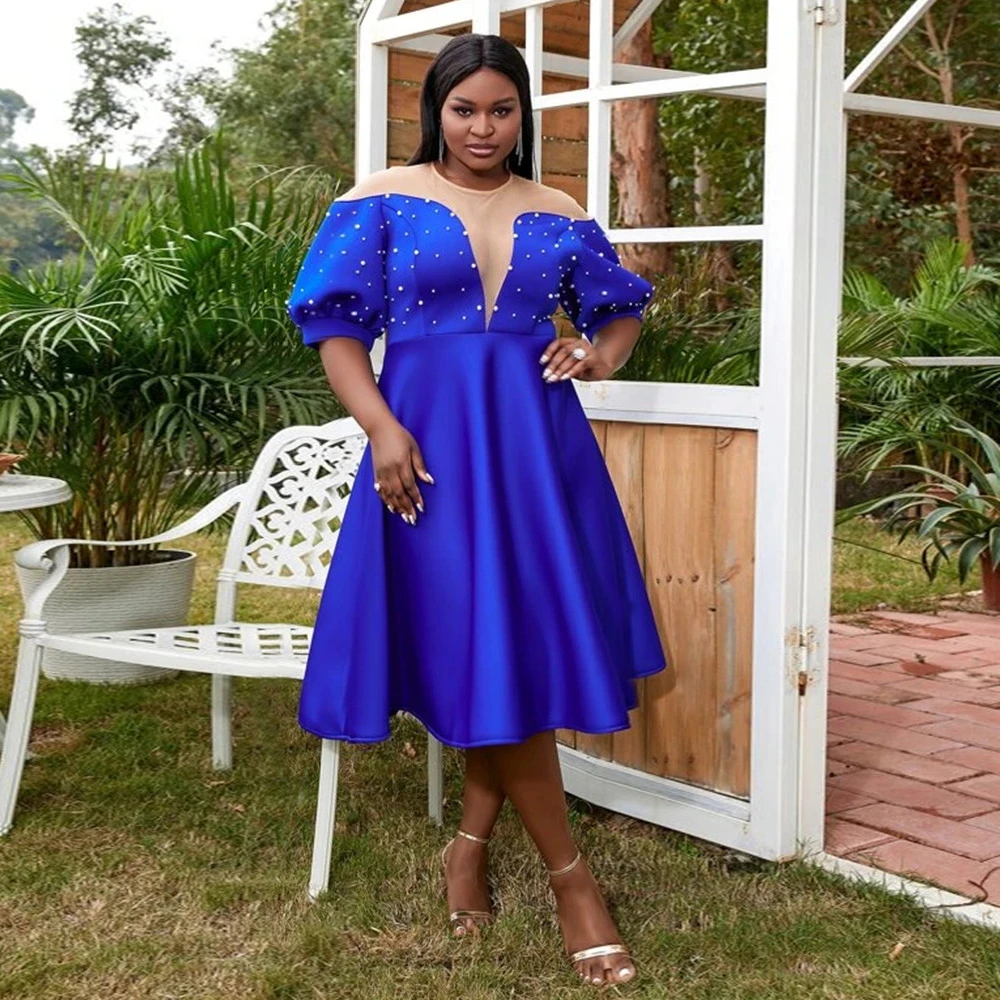 Royal Blue Plus Size Prom Dresses For Black Girls Half Sleeves A Line Pearls Spandex Short Wedding Party Gowns Wholesale