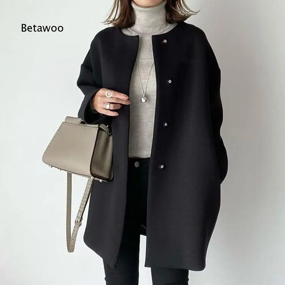 Womens Long Sleeve Round Neck Loose Mid Length Coat Solid Color Single Breasted Outerwear For Simple Daily And Office Outfits