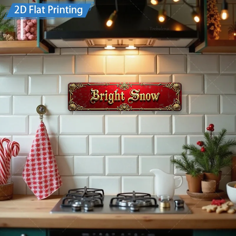[2D FLAT] علامة معدنية قطعة واحدة، 8 × 12 بوصة عيد الميلاد الذهب الأحمر "الثلج الساطع" علامة معدنية ديكور