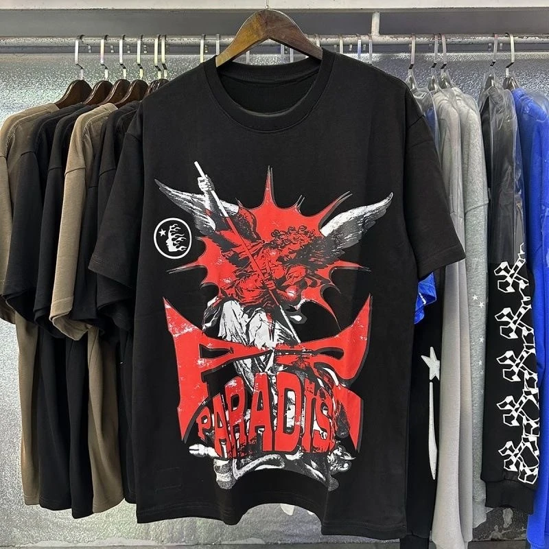 2026 new Vintage Red Angel Warrior Paradise Letter Graphic Tee Unisex Black Short Sleeve Tee Streetwear Casual Loose Daily Top
