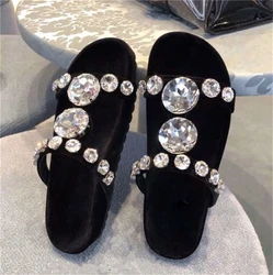 Glitter Czech Diamond Flats Slipper Women Suede Peep Toe Slip On Rhinestone Platform Thick Sole Slide Vacation Zapatos Mules