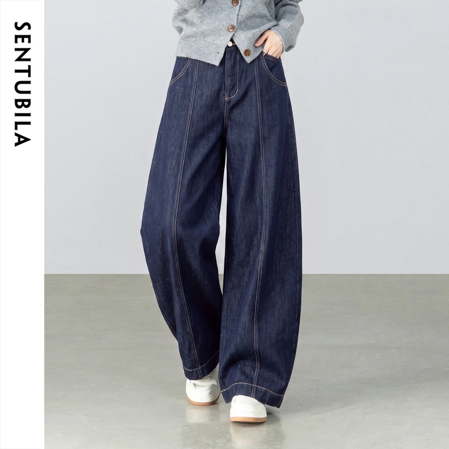 SENTUBILA Women High Waist Blue Jeans 2026 AutumN Contrast Stitch Wide Leg Curved Leg Pant Ladies Casual Denim Trouser W63NH8360