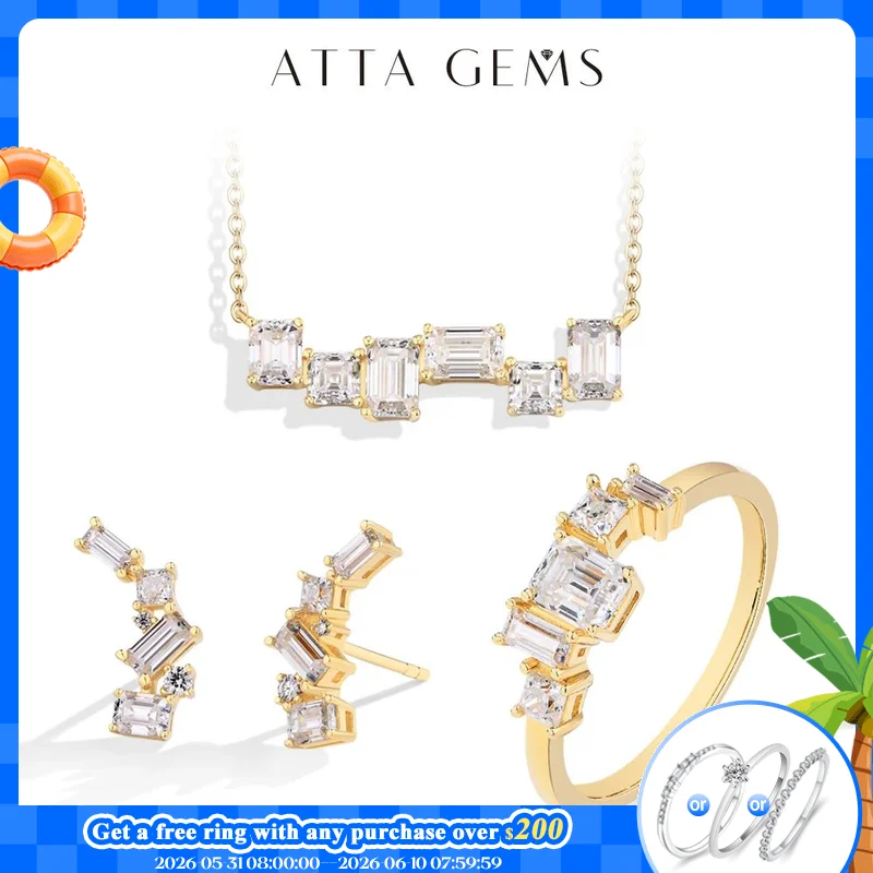 

ATTAGEMS Baguette Emerald Cut Moissanite Jewelry Set for Women Rings Earrings Necklace S925 Sterling Silver 3 Piece Wedding Gift