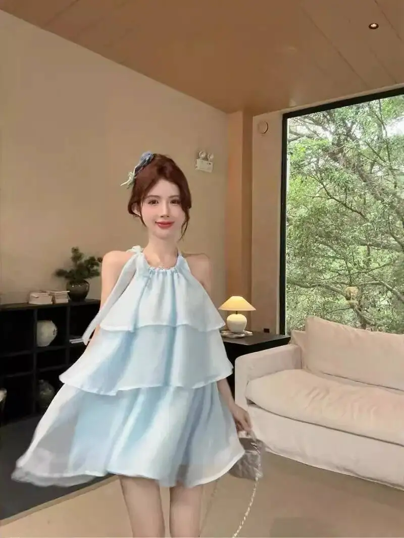 Pure Desire Hanging Neck Design Sense Multi Layered Cake Fashion Dress Elegant Summer Blue Mini Dress Sweet Korean 69LC