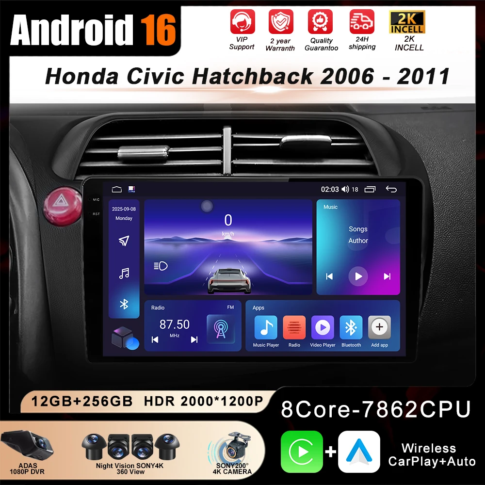 Android 16 For Honda Civic Hatchback 2006-2011 8 Core Car Radio Multimedia Player Navigation 2 Din Stereo Head Unit Carplay BT
