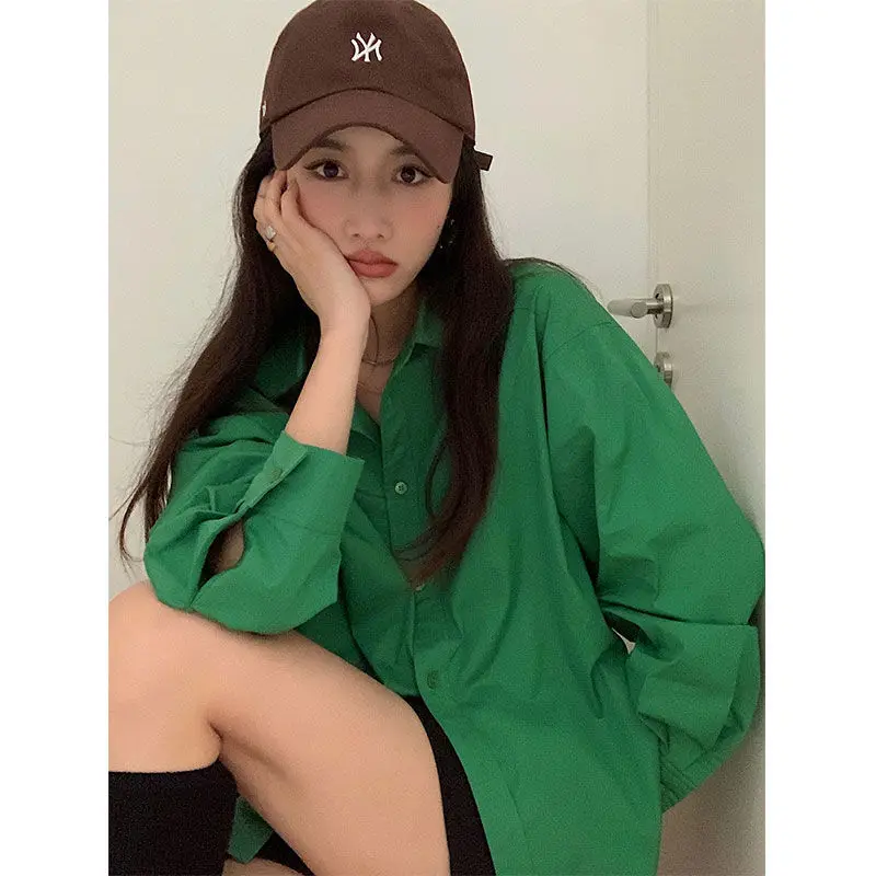 Spring New Green Loose Shirt Tops Ladies Long Sleeve Solid Color Simplicity Blouses Trend Korean Fashion Women Clothing