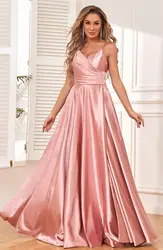 Simple V Neck Spaghetti Strap Satin Bridesmaid Dresses with Slit Ruched Long Prom Dresses for Women Pleated Ball Gown with Split