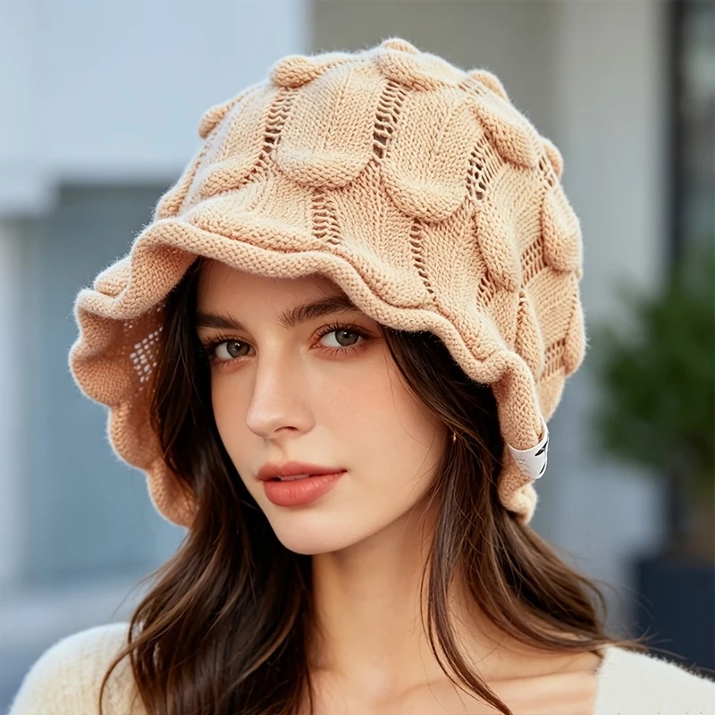 2 PCS Brimless Hat Autumn Winter Women Hollow Ruffled Warm Bubble Texture Loose Puffy Pullover Cap For Camping Hiking Street