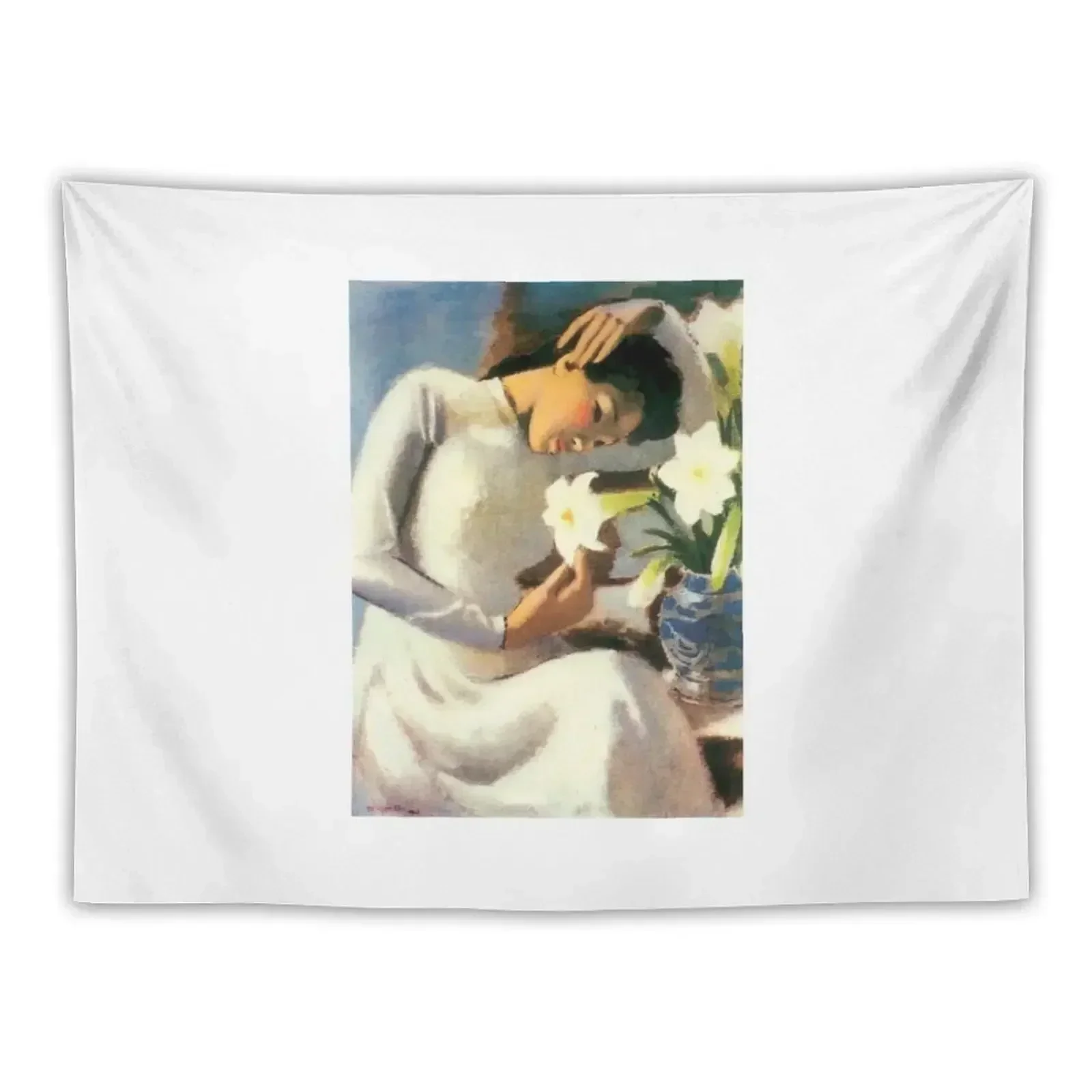 

T Ngc Vn - Young Girl with Lily Flower Tapestry Wallpaper Room Decore Aesthetic Decorative Wall Murals Tapestry