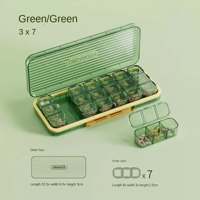 7 Day Weekly Pill Box, Portable Pill Organizer with 14/21 Compartments, Dustproof Medicine Storage Container