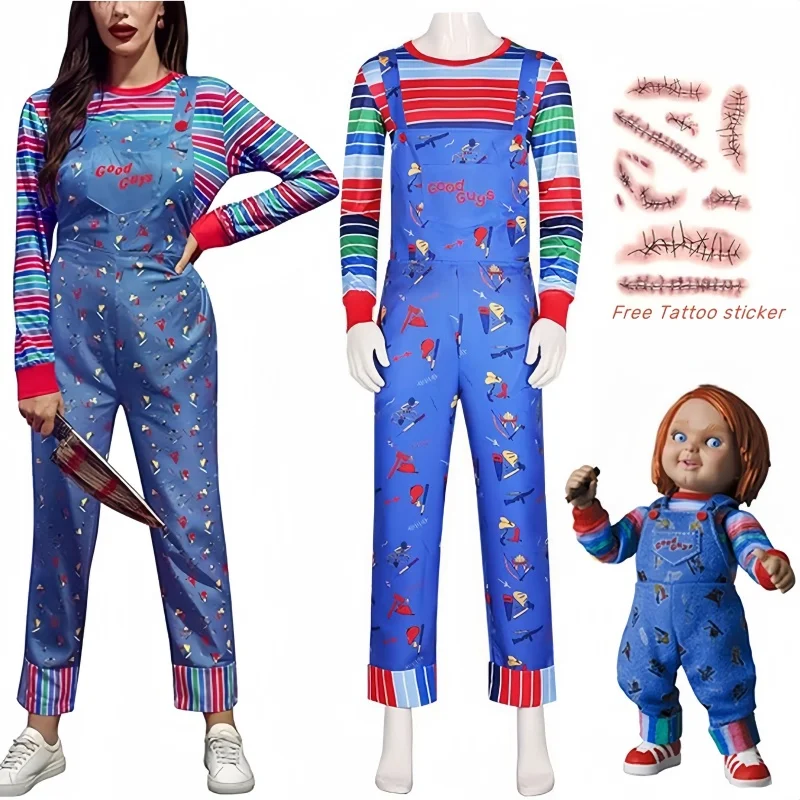 Horror Movie Chucky Spadehill Cosplay Costume Women Halloween Costume Blue Cartoon Jumpsuit Overalls and Striped Shirt Cosplay