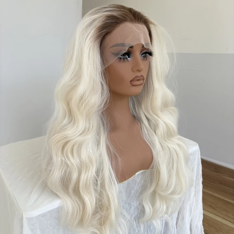

T Lace Front Wig Layered Synthetic Hair Heat Resistant Long Wavy Ombre Blonde