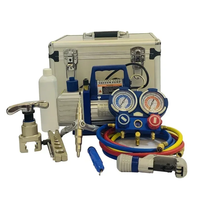 HVAC refrigerant vacuum pump kit, with aluminum shell, R410A R22 for automobile air conditioning maintenance, with hand tools.