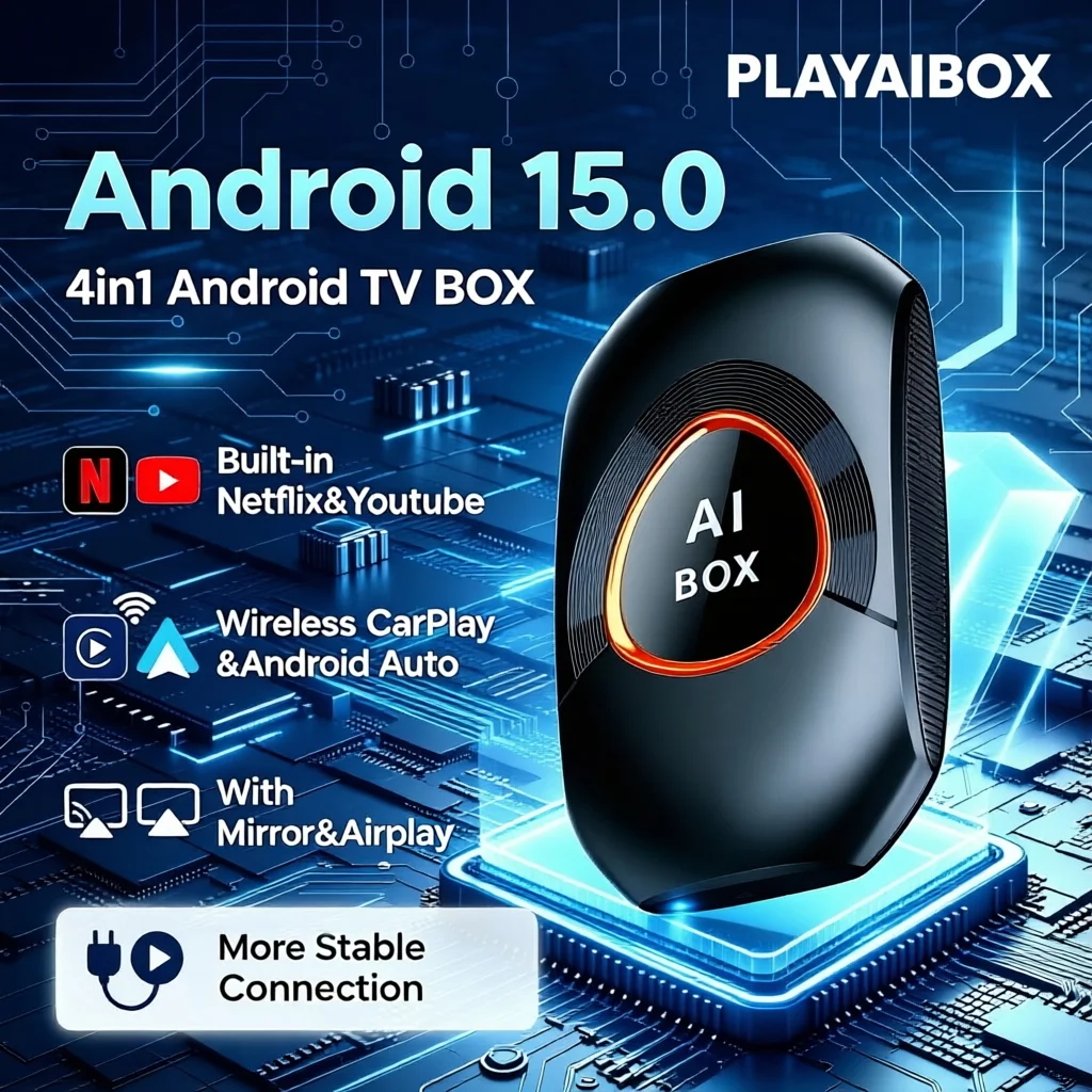 PLAYAIBOX 4 in 1 Wireless CarPlay Android Auto Dongle Plug and Play Carplay AI Box Android TV Bluetooth Adapter for 99% Cars