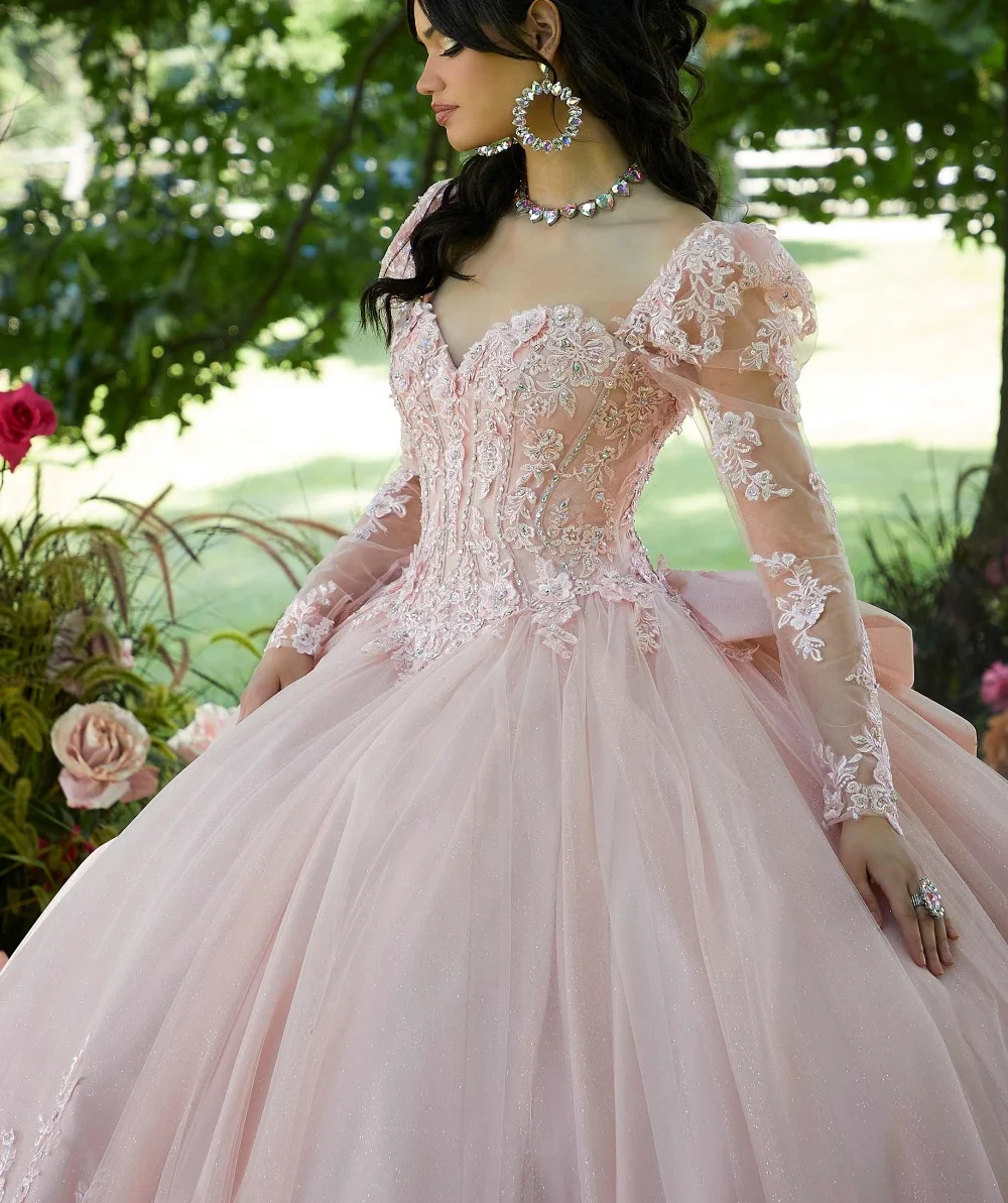 EVLAST 2024 růžová odnímatelné dlouhé rukávy quinceañera šaty krajka nášivka korálkování korzet sladké 16 šaty vestido de 15 anos TQD070