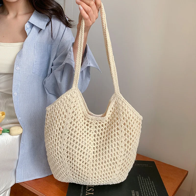 

Handwoven Crochet Beach Tote, Women's Hollow Knitted Mesh Shoulder Bag, Korean Style Large Purse for Summer Vacation