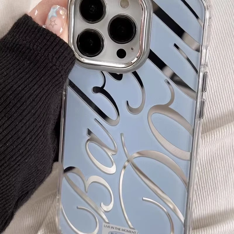 Blue Silver Plated Mirror English Transparent Frame Case For iPhone 17 iPhone 13 15 11 16 12 13 14 Pro Max Drop Protection Cover
