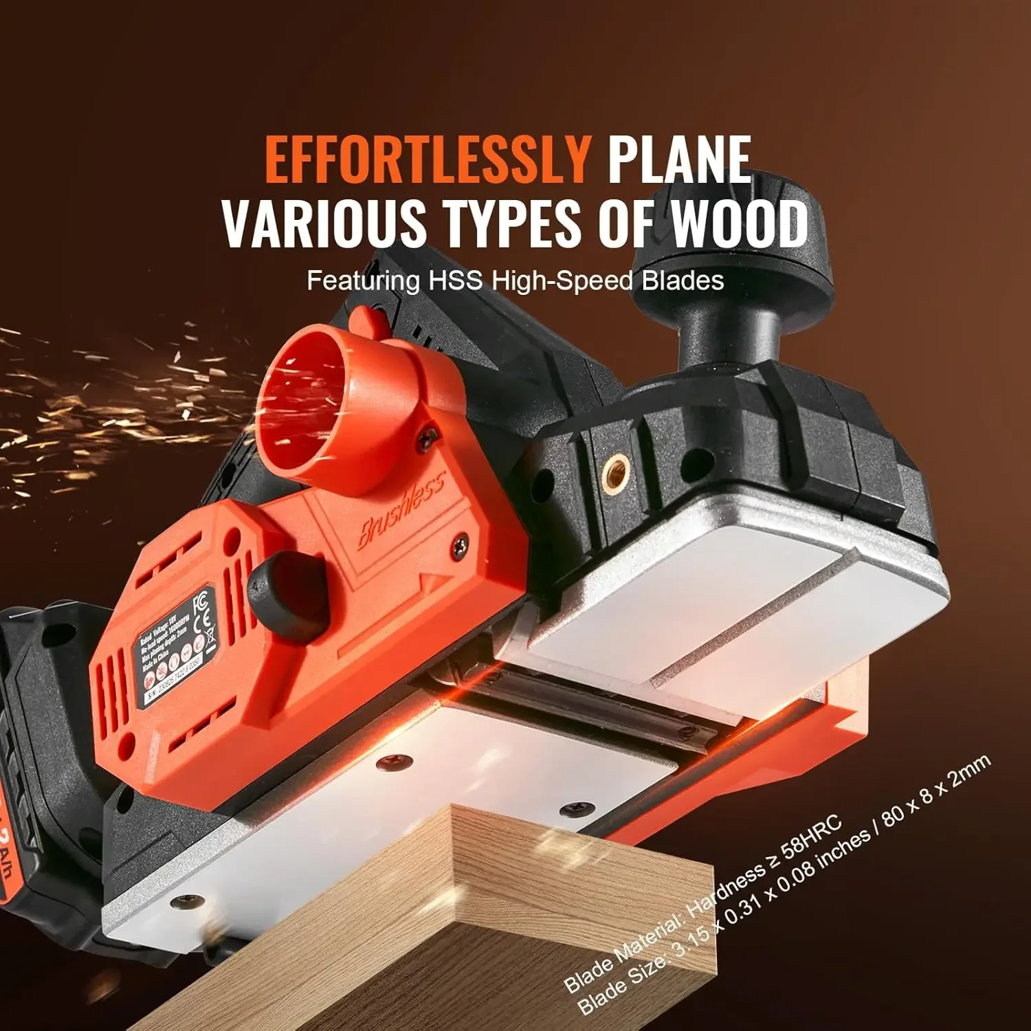 Kabelloser elektrischer Handhobel, 3-1/4 Zoll Breite, 16500 U/min Handhobel für Holz mit 5/64 Zoll einstellbarer Hobeltiefe HSS-Klingen