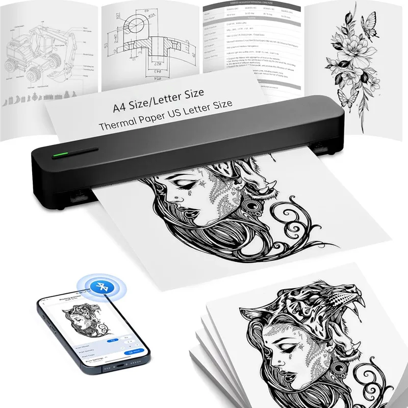 2-in-1 Wireless Tattoo Stencil Printer Inkless Bluetooth Portable Thermal Printer Compatible with Android IOS Windows Mac