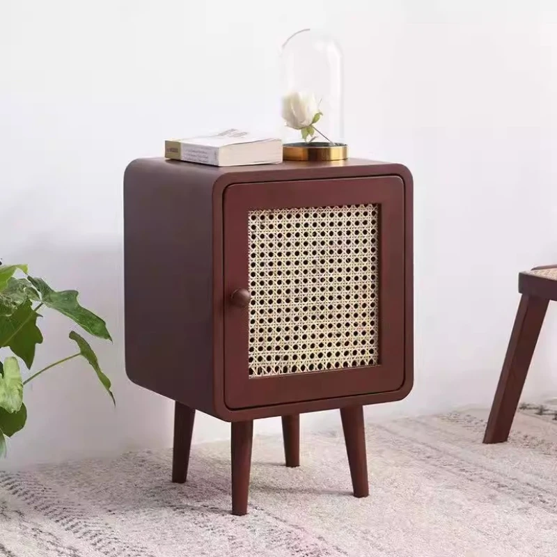 

Modern Rattan Nightstand, Narrow Slim Bedside Cabinet & Vintage Accent Table, Aesthetic Minimalist Bedroom Decor
