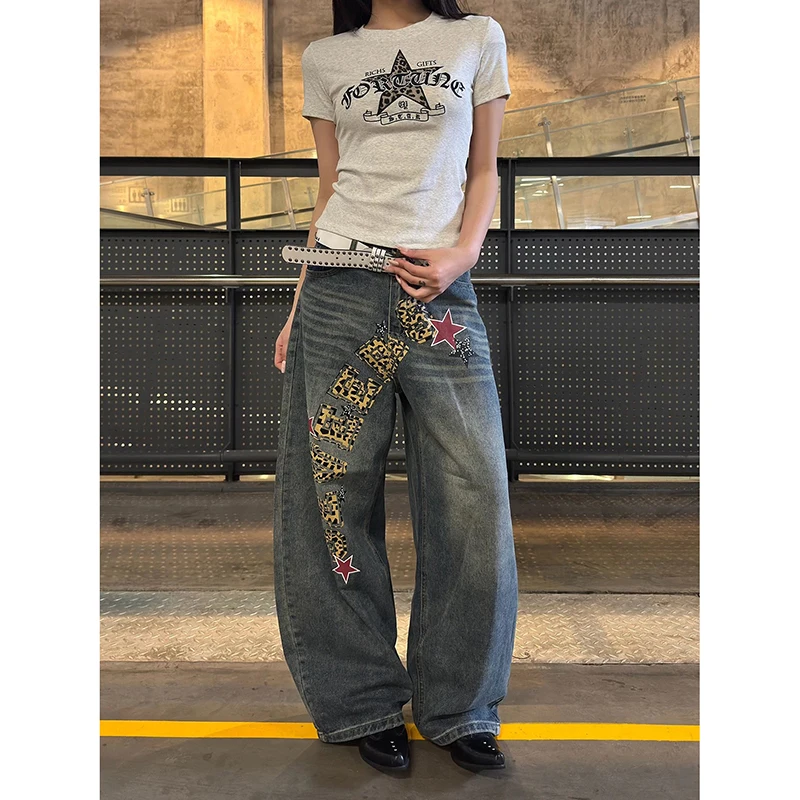 

ZHIZOU Women's Blue Jeans Leopard print Y2K Japanese Harajuku High Street Aesthetic Loose Wide Leg Jeans Pants Trouser Clothing