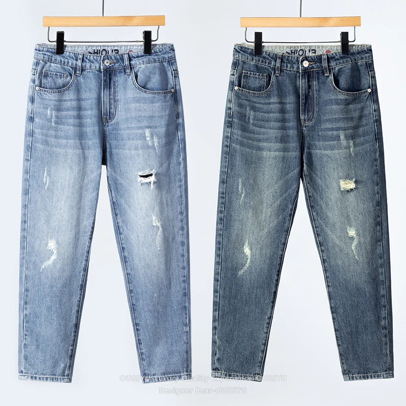 2026 Men's Spring Summer Ripped Hole Jeans Korean Style Straight Leg Casual Harem Denim Pants Distressed Washed Baggy Trousers
