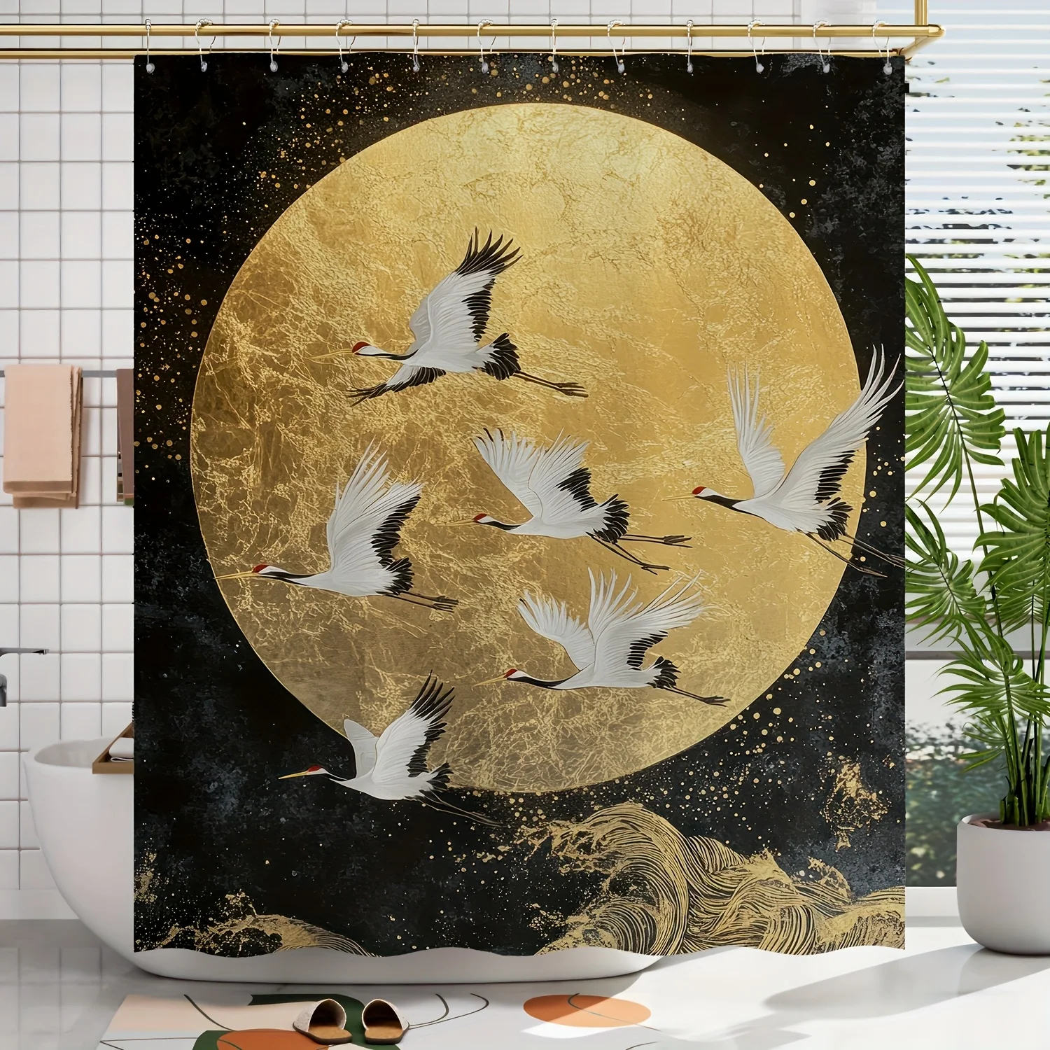 

1 шт., весна/лето, Золотая солнце и морская волна, узор журавля, цифровая занавеска для душа с принтом, декор для ванной комнаты с бесплатными крючками, машина