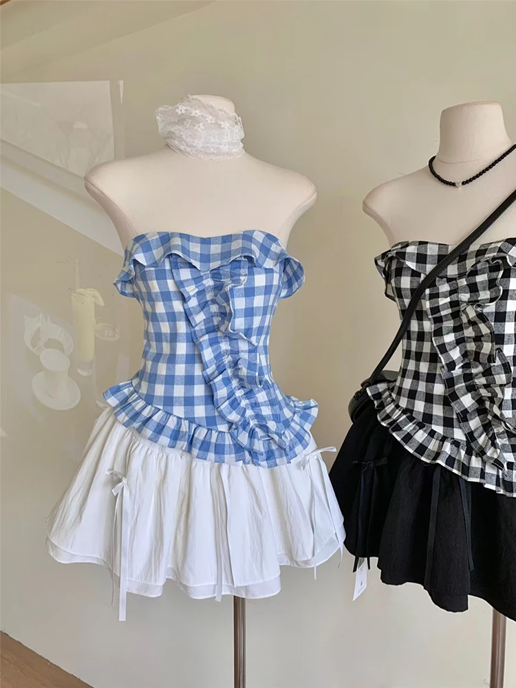 Summer Women Korean Sweet Plaid Tube Top Design Kpop Vintage Gyaru Coquette 2000s Aesthetic Cute Core Kawaii Mori Girl Hot Sexy