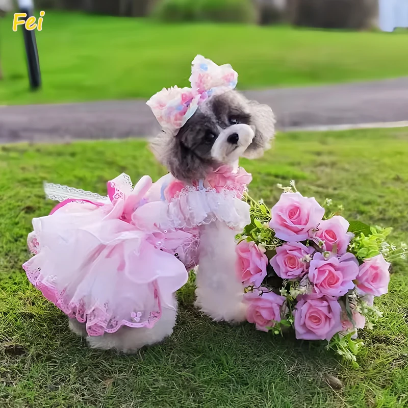 

Luxury Handmade Pink Pet Dog Dress Clothes Fashion Flower Embroidery Crystal Lace Bow Dresses for Small Medium Dog Poodle Puppy