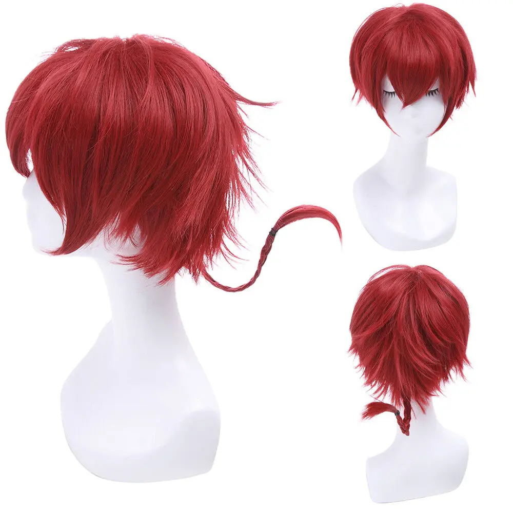 Ranma1/2 Ranma Peluca de cosplay roja oscura recta corta Pelucas de cabello trenzado Unisex