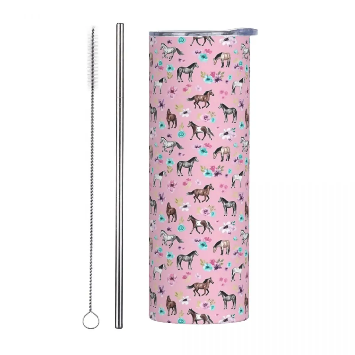 

Horses And Flowers On Pink, Equestrian Art, Horse Decor Stainless Steel Tumbler Mugs Thermal Cold Cups Straw With Lid 20oz