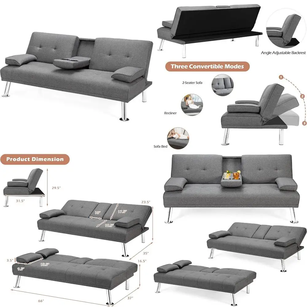 أريكة سرير فوتون منجدة من الكتان بالحجم الكامل، أريكة قابلة للتحويل مع ساق معدنية، مثالية للشقق والمساكن #1