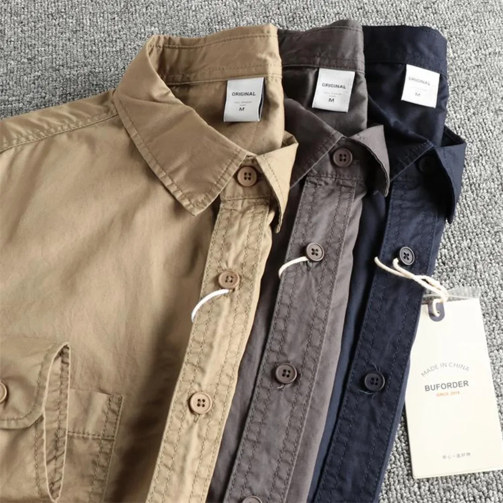 

High-dense woven cotton simple retro long-sleeved shirt men's spring and autumn new loose fashionable versatile shirt