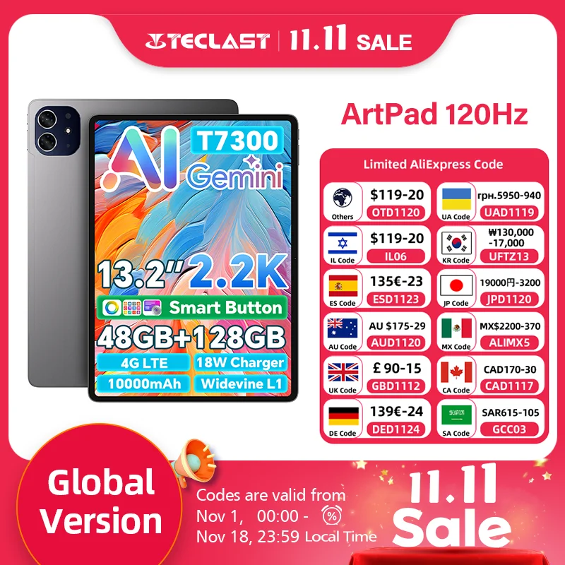 테클라스트 아트패드 13.2인치 2.2K TDDI 태블릿 PC, 최대 48GB RAM, 128GB ROM, 안드로이드 16 태블릿, T7300, 8코어, 10000mAh 배터리, 18W 고속 충전.