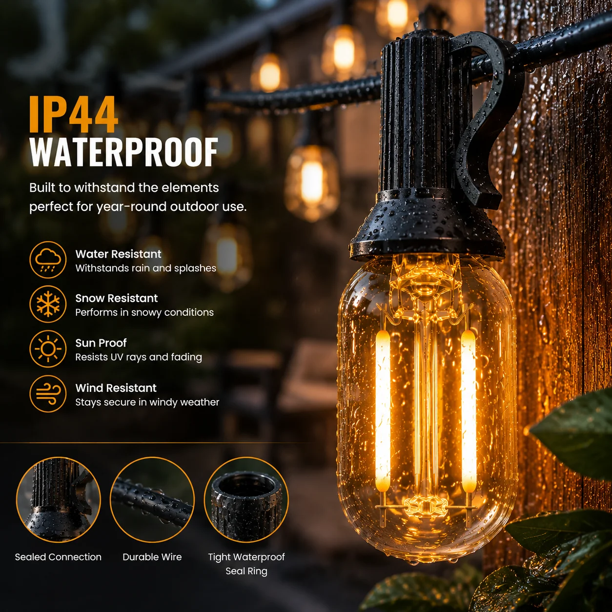 Outdoor Solar String Light Waterproof E12 Glass T22 Amber Bulbs 1W LED Retro Patio Lights for Outside Backyard Bistro Garden