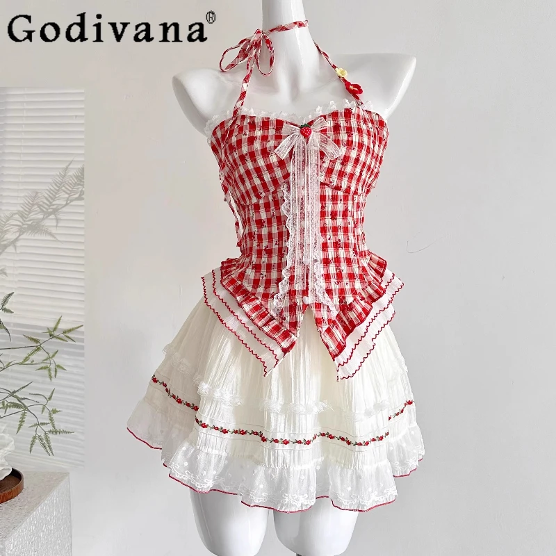 

Original Design Lolita Suits Girls Summer Japanese Sweet Cute 2 Piece Set Women Bow Plaid Top Elastic Waist Mini Skirt Outfits
