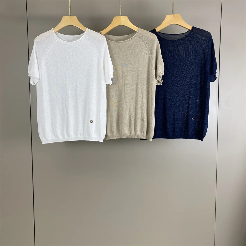Spring/Summer Round Neck Solid Color Knitted Pullover Short Sleeve T-Shirt Fashionable Commuting Casual Versatile Top for Women