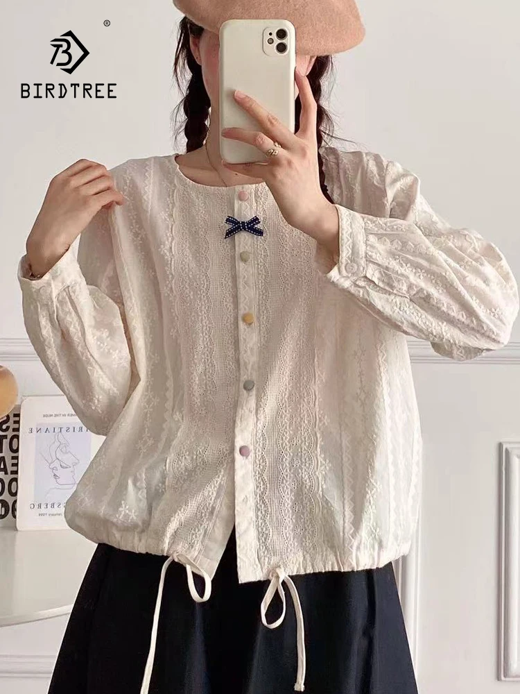 

New Summer Cotton Long Sleeve Shirt Embroidery Bow O Neck Tops Girl Casual Sweet Loose Sunscreen Blouse 2024 Autumn T462144QC
