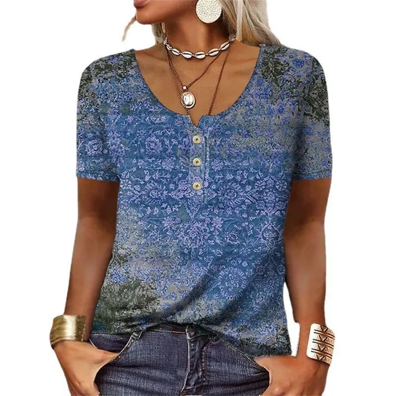 Elegant Shirts For Women Short Sleeve Fashion Ethnic Style Loose Retro Casual Button Blouses 3D Flower Print Loose Summer Tops