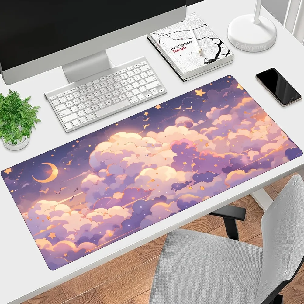 Whimsical design with crescent moon, stars and soft sky mouse pad