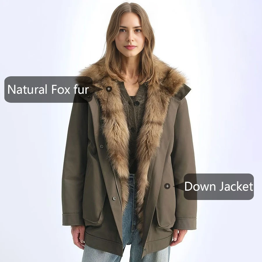 Schwarze Daunenjacken r Echtfuchspelz Jacke Gürtel Lose Puffer Parka Heißer Verkauf Damen Winterjacke