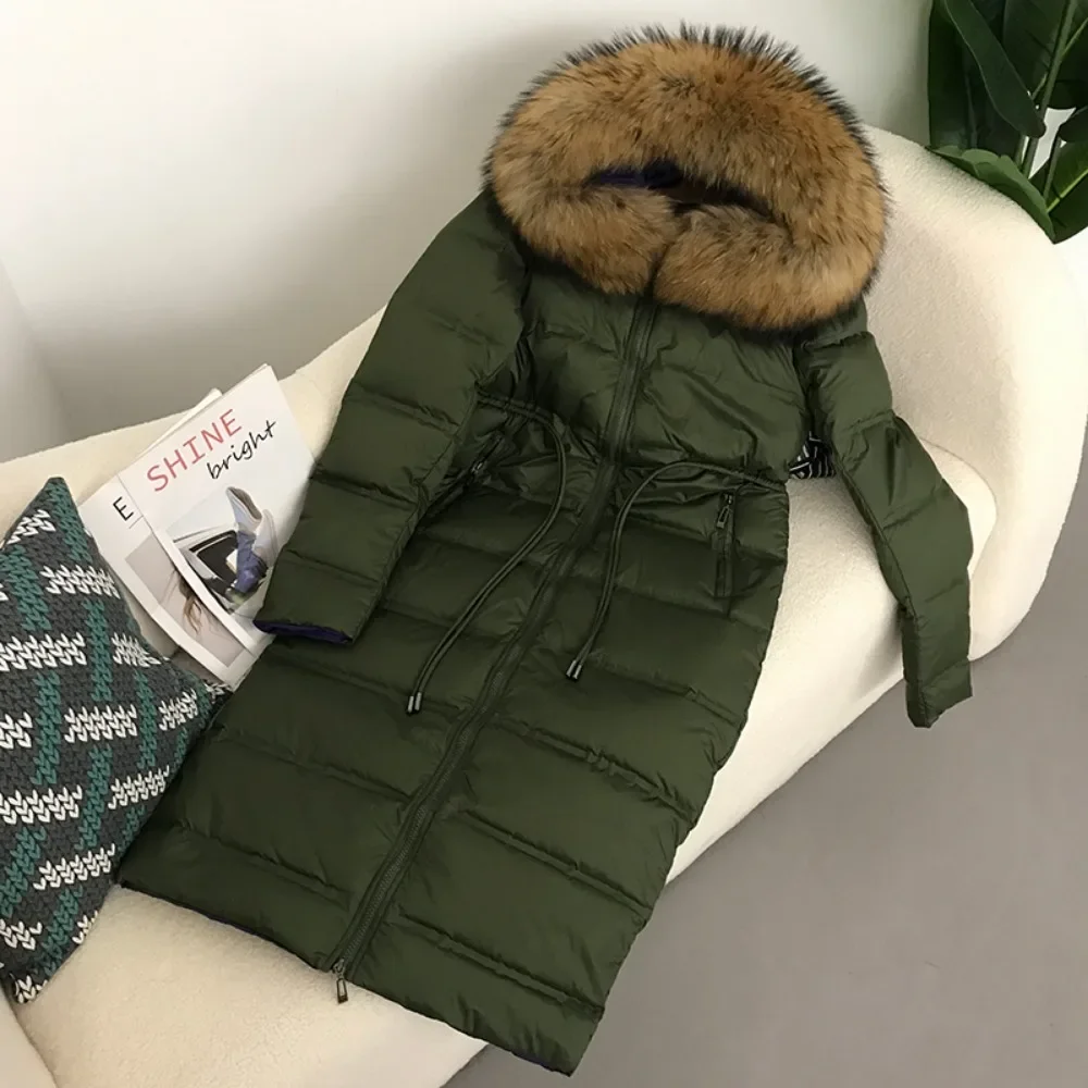 Long Fur Jacket Real Raccoon Fox Fur Collar Hooded Winter Women White Duck Down Coat Female Thick Warm Luxury Outerwear