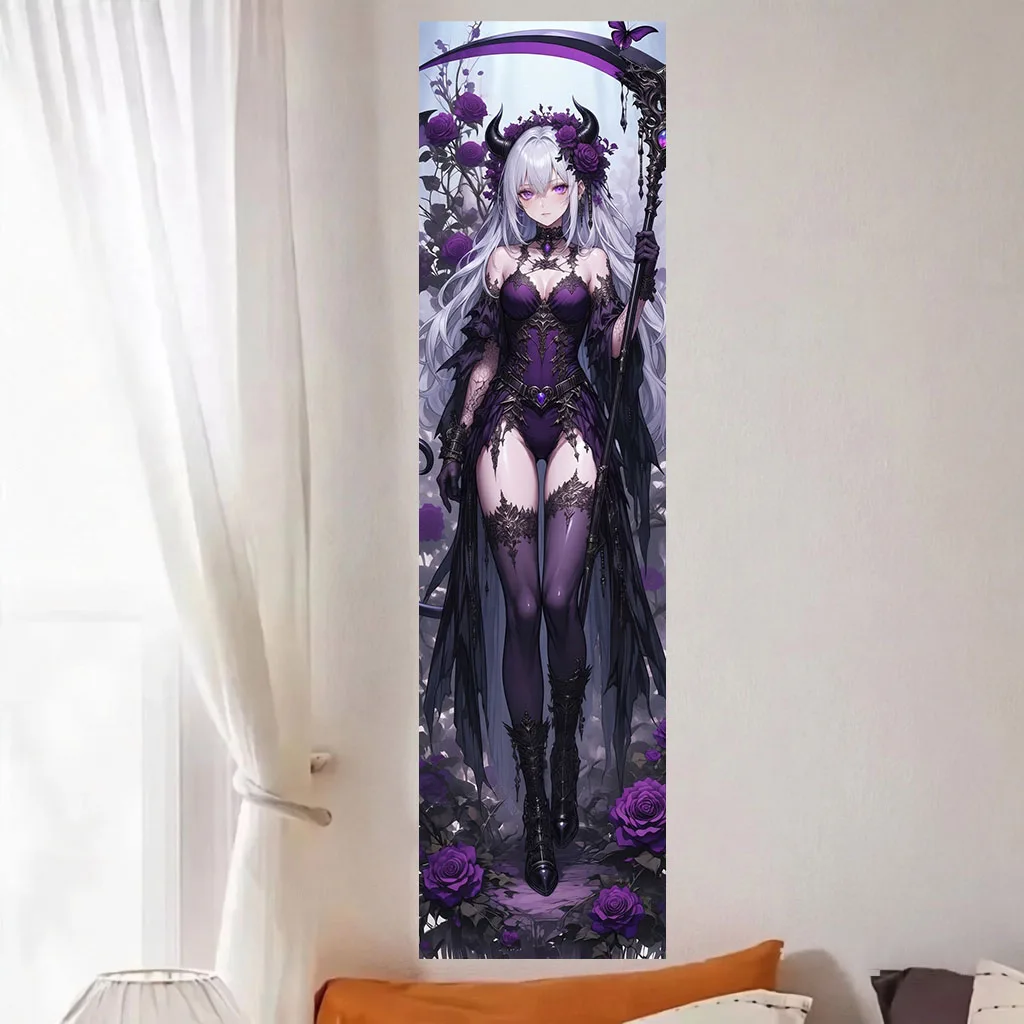 Gothic Demon Anime Girl Tapestry, Purple Rose Scythe Horn Silver Hair Wall Hanging, Bedroom Dorm Background Cloth Home Decor