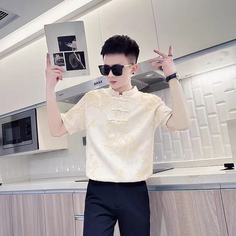 2026 New Men's Chinese Style Short Sleeve Shirt Summer Thin Casual Button Down Oriental Collar Streetwear Tops