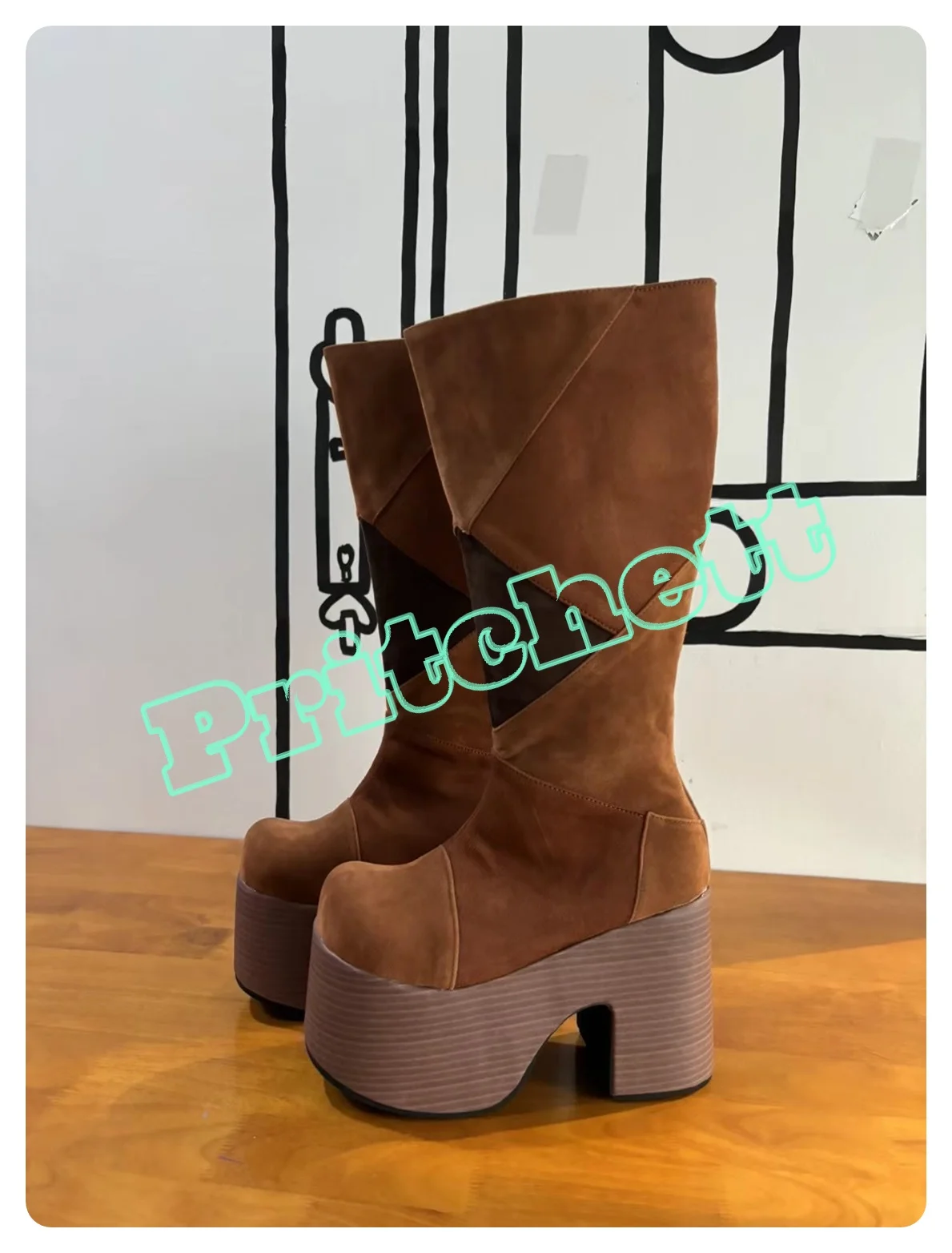 Platform Wooden Heels Black Zipper Knee-high Boots Vegan Suede Patchwork Cloth Round Toe Chunky High Heels Autumn Winter Hot