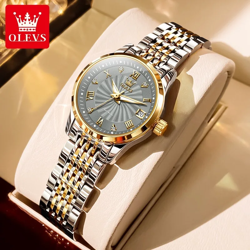 

OLEVS брендовые роскошные механические часы для женщин, водонепроницаемые светящиеся часы из нержавеющей стали с календарем, модные автоматические часы Reloj Mujer